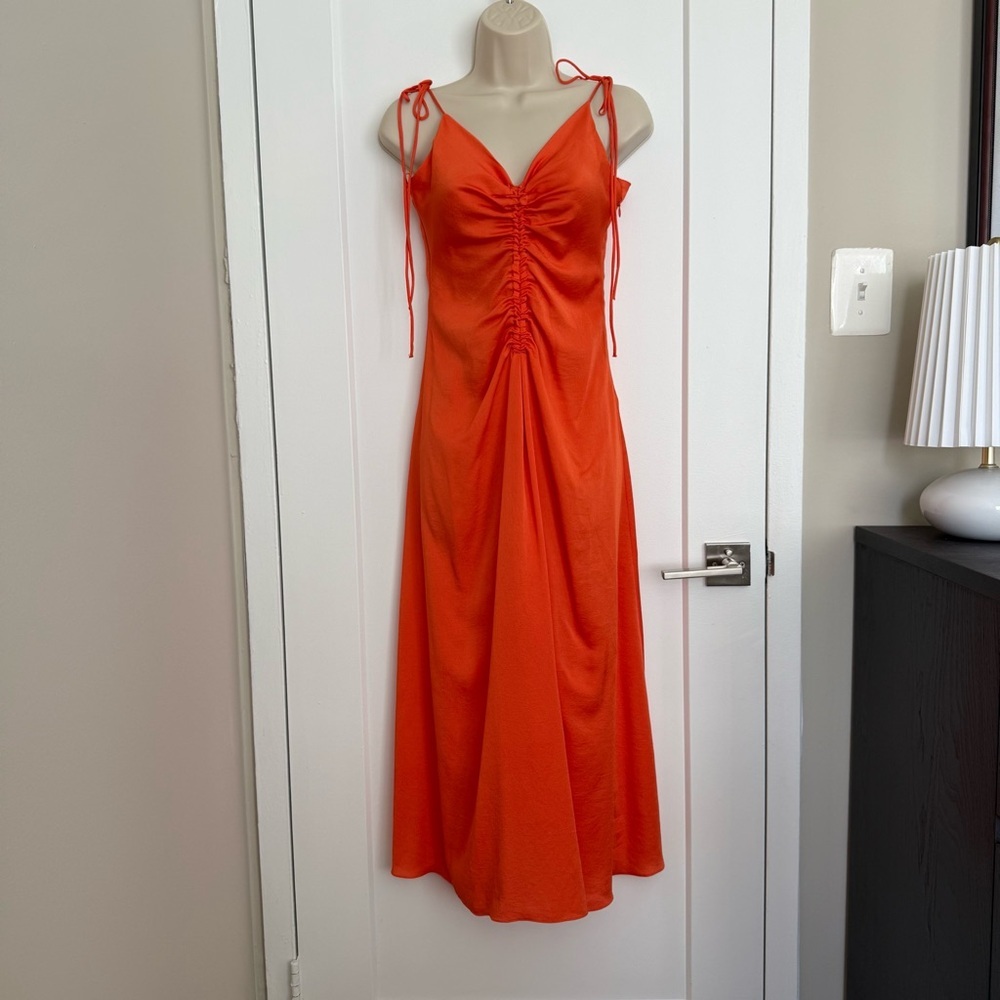 Sandro - Praline Ruched Satin-crepe Midi Dress - Orange Tomato - Picture 3 of 13